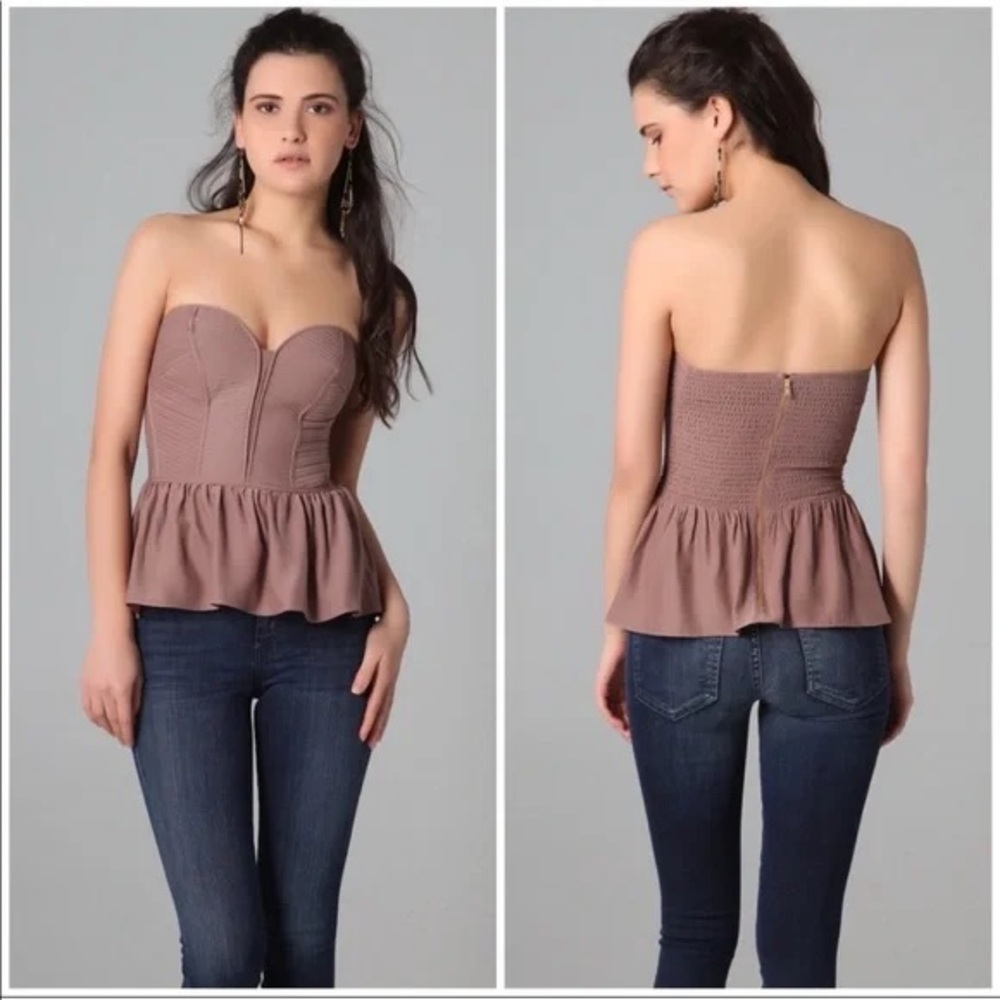 Parker Silk Peplum Bustier Corset Style Strapless Top Mink Brown Size XS